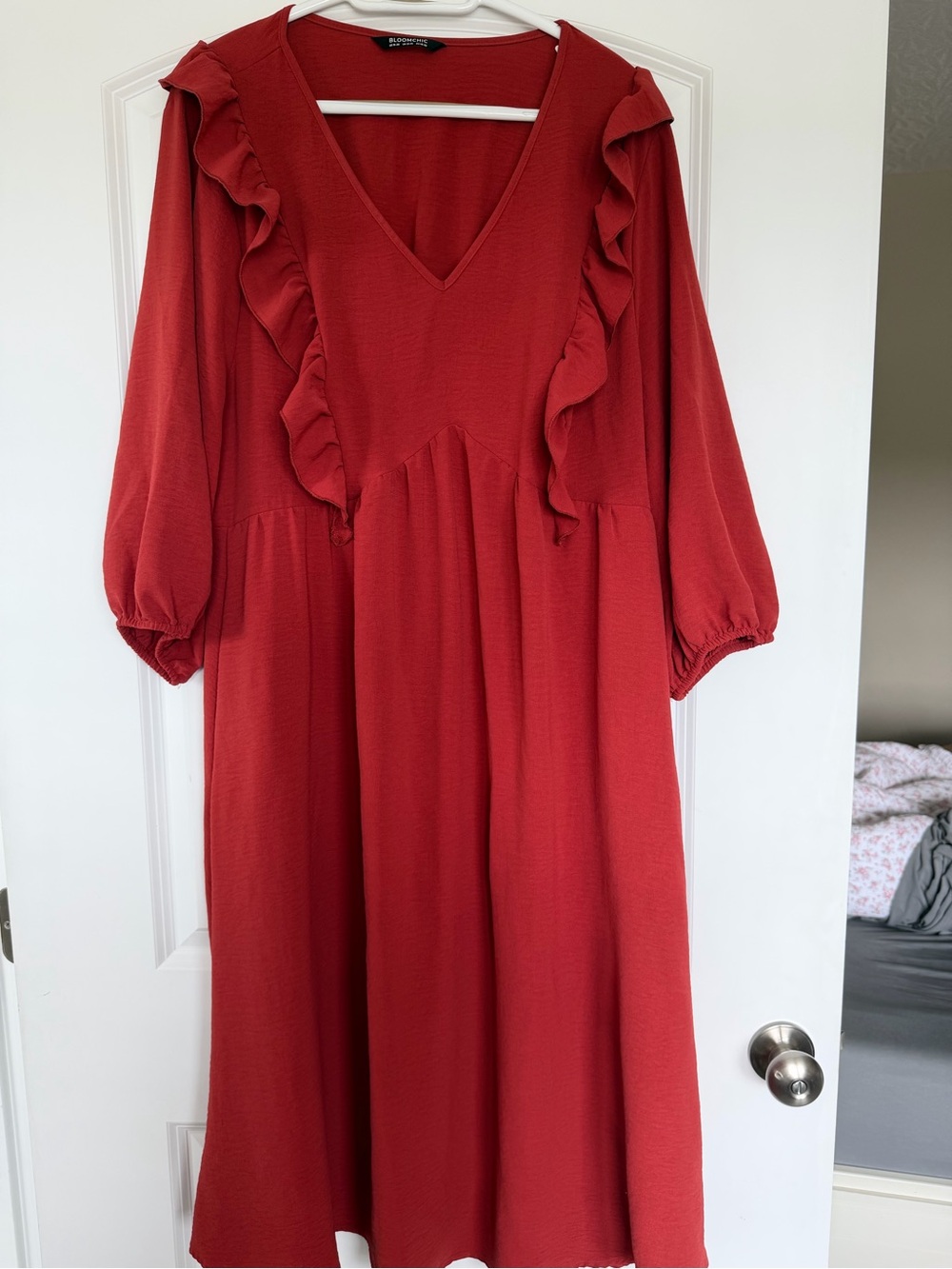 BloomChic Red V-Neck Ruffle Midi Dress